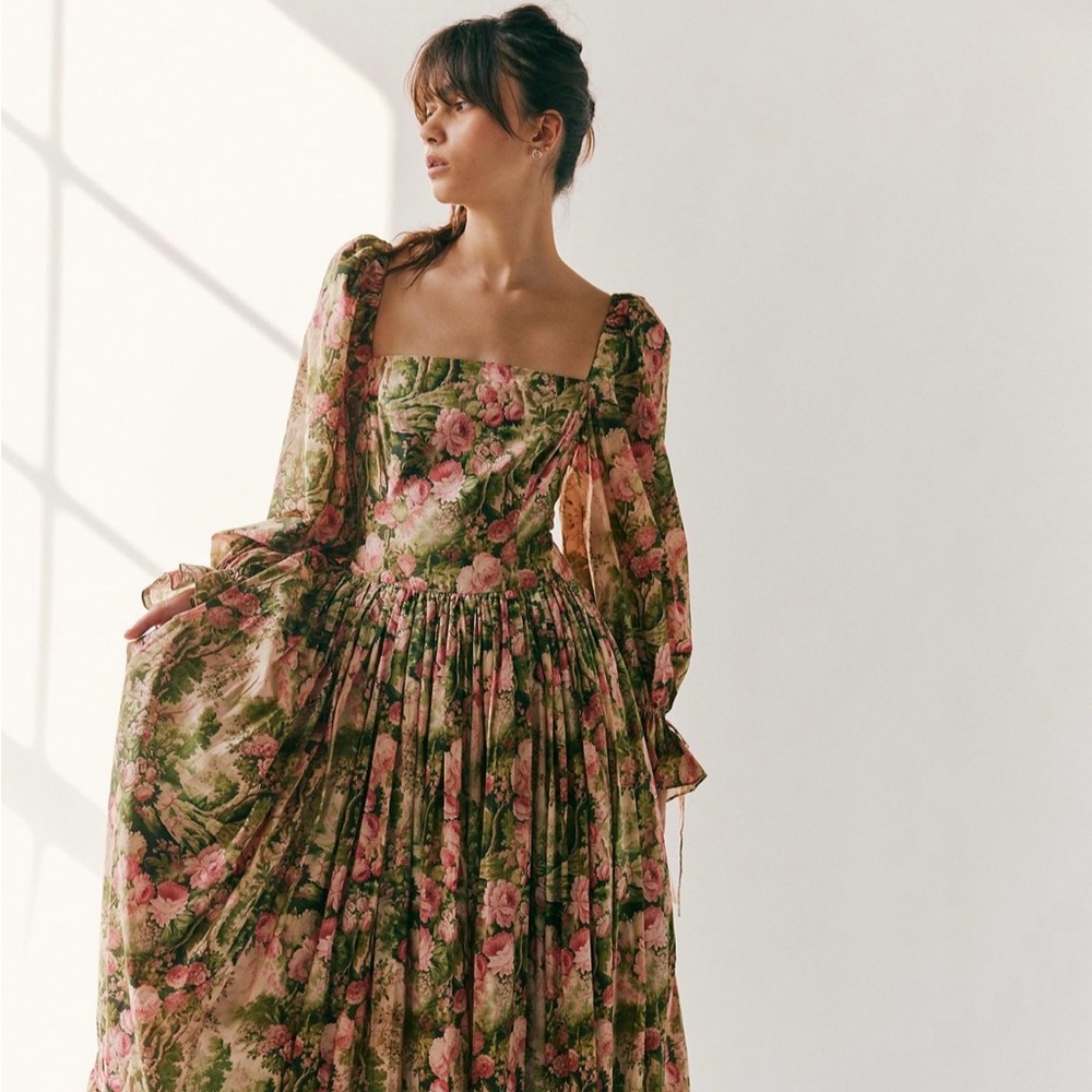 Selkie Long Sleeve Floral Dress in Green and Pink